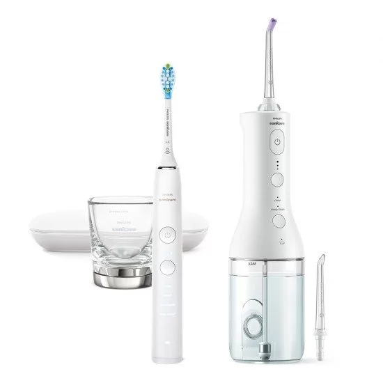Орален душ Philips Sonicare Power Flosser 3000 Interdental и Звукочестотна четка за зъби Diamond Clean, серия 9000, бяла HX3866/41 - Image 1